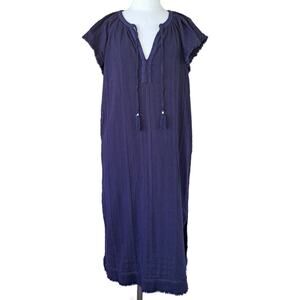 TOMMY BAHAMA Mykonos Cotton Gauze Midi Maxi Beach Dress Caftan Small Navy Blue